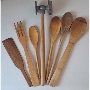 Antique Primitive Wooden Kitchen Spoons Butter Pat Fork Pounder